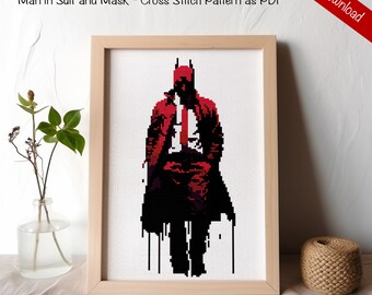 Street Art Style Cross Stitch Abstract Man in Suit and Mask Modern Cross Stitch Pattern PDF, x-stitch pattern. Modern Style Cross-Stitch