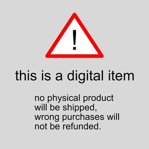May include: A red triangle warning sign with an exclamation point inside. The text below reads: "this is a digital item no physical product will be shipped, wrong purchases will not be refunded."