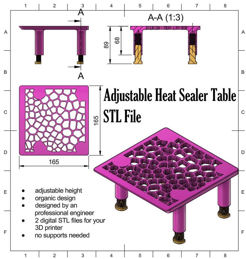 May include: A 3D printed, adjustable heat sealer table with a pink honeycomb design. The table is 6.5 inches wide and 6.5 inches long. The table is 2.6 inches tall and has four adjustable legs. The table is designed by a professional engineer and comes with two digital STL files for 3D printing. No supports are needed for printing.
