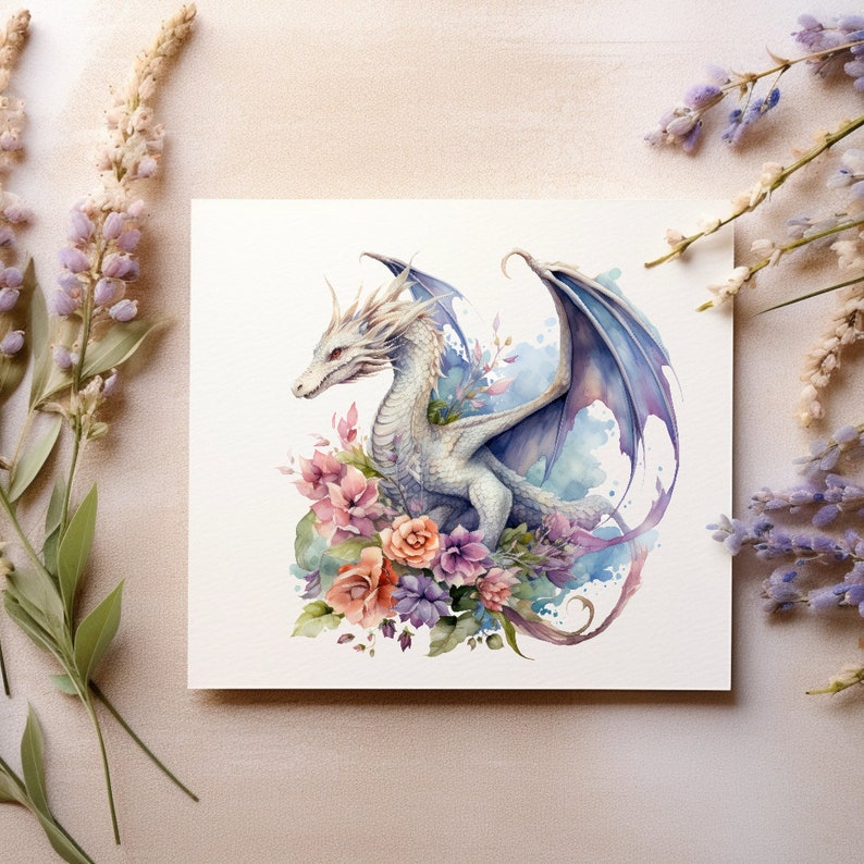 Watercolor Flower Dragons Clipart Pack, 17 Transparent Fantasy PNG