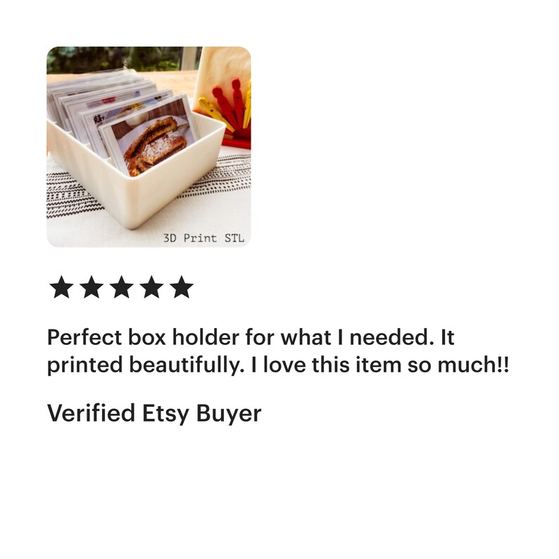 May include: White 3D printed box holder for small items. The box holder is filled with small cards. The image includes the text "3D Print STL".