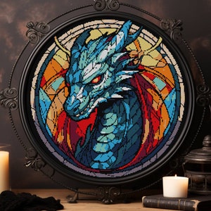 Dragon Cross Stitch Pattern PDF: Fantasy Stained Glass DnD X-Stitch, Modern Design, Instant Download
