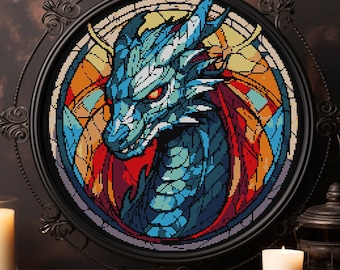 Dragon Cross Stitch Pattern PDF: Fantasy Stained Glass DnD X-Stitch, Modern Design, Instant Download