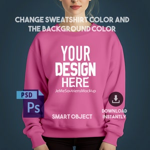 Sweatshirt Gildan 18000 Mockup PSD Editable Smart Object Mockup Women, Change shirt Color & Background, Model Female Heavy Blend Crewneck