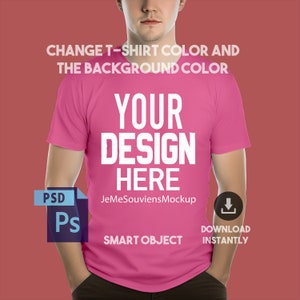 May include: A pink t-shirt mockup with the text "YOUR DESIGN HERE" and "JeMeSouviensMockup" on a red background. The text "CHANGE T-SHIRT COLOR AND THE BACKGROUND COLOR" is at the top of the image. The text "SMART OBJECT" and "DOWNLOAD INSTANTLY" are at the bottom of the image.