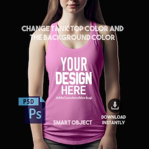 Puede incluir: Una maqueta de camiseta sin mangas rosa con el texto "YOUR DESIGN HERE" y "JeMeSouviensMockup" en la parte delantera. El texto "SMART OBJECT" y "DOWNLOAD INSTANTLY" también es visible en la imagen.