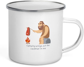 funny camping mug, Camping caveman mug, enamel camping mug