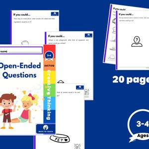 以下が含まれることがあります： 虹色の背景と2人の子供たちのイラストが描かれた、「オープンエンドな質問」というタイトルのワークブックのカラフルな表紙。このワークブックは3〜4歳向けで、「クリエイティブシンキング」というシリーズの一部です。