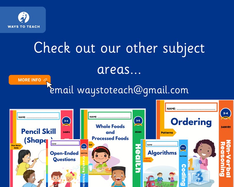 May include: A colorful image of several educational workbooks for children ages 3-4 and 3-5. The workbooks cover a variety of subjects including pencil skills, open-ended questions, whole foods and processed foods, health, ordering patterns, algorithms and coding, and non-verbal reasoning. The workbooks are all brightly colored and feature illustrations of children.