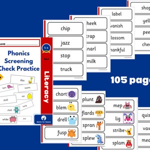 Puede incluir: Un conjunto de 105 páginas imprimibles de práctica de comprobación de detección fonética para niños de 5 a 6 años. Las páginas presentan ilustraciones coloridas de monstruos y palabras como "shop", "yell", "check", "chip", "jazz", "stop", "truck", "chort", "plunt", "blem", "drell", "fusp", "splew", "mep", "flards", "spran", "lig", "stribe", "splam", "quisk", "vaw" y "meast".