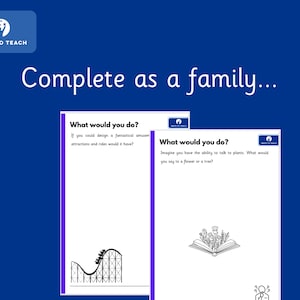 May include: Two black and white printable worksheets with the text "What would you do?" and prompts for creative writing activities. The first worksheet features a roller coaster and asks what attractions and rides would be included in a fantastical amusement park. The second worksheet features an open book with flowers and asks what would you say to a flower or a tree if you could talk to plants.