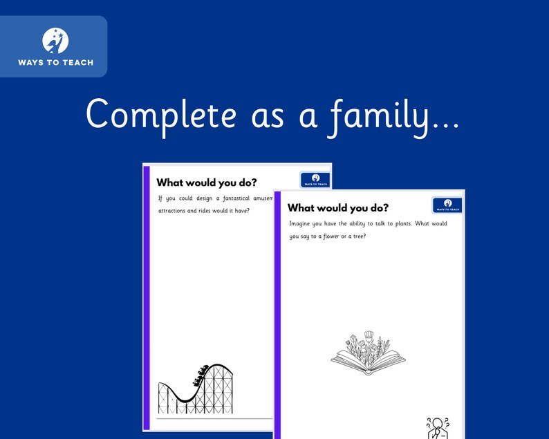 May include: Two black and white printable worksheets with the text "What would you do?" and prompts for creative writing activities. The first worksheet features a roller coaster and asks what attractions and rides would be included in a fantastical amusement park. The second worksheet features an open book with flowers and asks what would you say to a flower or a tree if you could talk to plants.