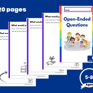 以下が含まれることがあります： 創造的な思考を育むために設計された、5歳から8歳までの子供向けに印刷可能なワークシート20枚セット。ワークシートには、子供たちが型にはまらない考え方をして想像力を広げるための、オープンエンドな質問が掲載されています。表紙には、議論をしている子供たちのカラフルなイラストが描かれています。