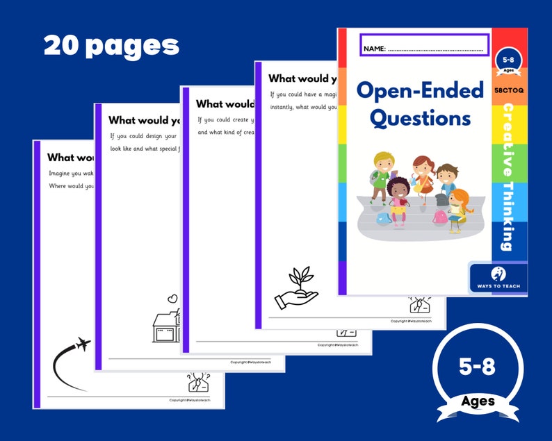 May include: A set of 20 printable worksheets for ages 5-8, designed to encourage creative thinking. The worksheets feature open-ended questions that prompt children to think outside the box and explore their imagination. The cover features a colorful illustration of children engaging in a discussion.