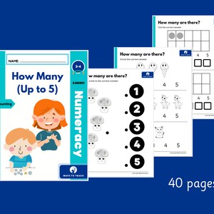 Op de afbeelding: Een kleurrijk werkboek met de titel "How Many (Up to 5)" met een telthema. De omslag toont twee kinderen, een meisje met rood haar en een jongen met bruin haar, die munten tellen. Het boek maakt deel uit van een serie genaamd "Numeracy" van Ways to Teach.