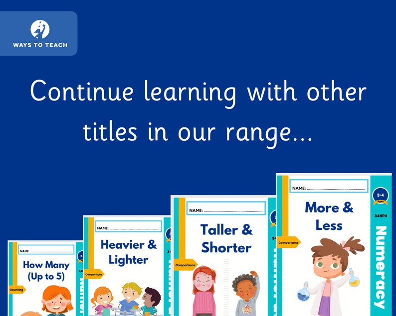 May include: Four colorful educational workbooks for children. The titles are "How Many (Up to 5)", "Heavier & Lighter", "Taller & Shorter", and "More & Less". Each book features a cartoon illustration of a child.