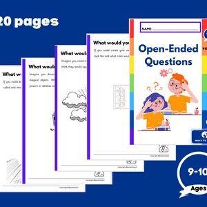 以下が含まれることがあります： 創造的な思考を促すための、9歳から10歳の子供向けの印刷可能なワークシートです。ワークシートは、考え込んでいる2人の子供と疑問符が描かれたカラフルなデザインです。ワークシートのタイトルは「オープンエンドな質問」です。