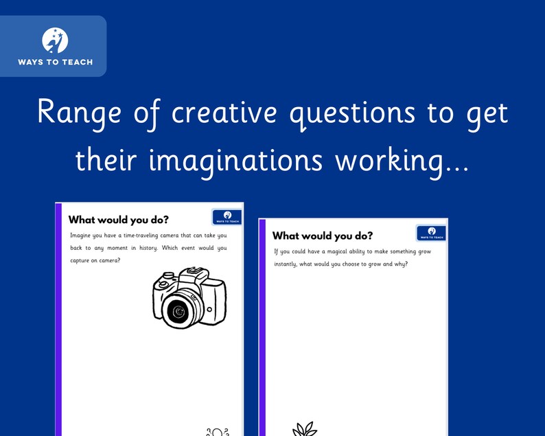 May include: Two black and white printable worksheets with prompts for creative writing exercises. The first worksheet features a camera and asks "What would you do? Imagine you have a time-traveling camera that can take you back to any moment in history. Which event would you capture on camera?" The second worksheet features a plant and asks "What would you do? If you could have a magical ability to make something grow instantly, what would you choose to grow and why?"