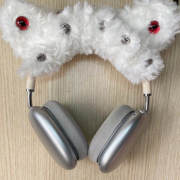 Crochet Airpods Max Headphone Crossbar Covers | White Fur kitty red eye cat