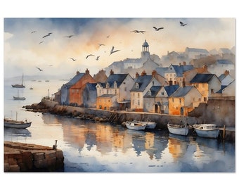 May include: A watercolor painting of a small coastal town with colorful houses and boats in a harbor. The sky is a soft blue with white clouds and there are seagulls flying overhead.