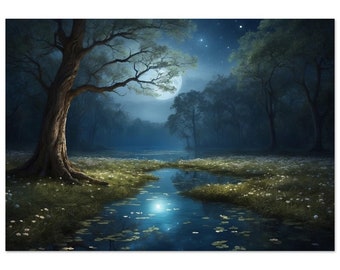May include: A full moon shines brightly over a dark forest with a still, blue lake reflecting the moonlight. The lake is surrounded by trees and lush green grass.