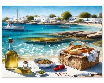 May include: A picnic scene on a beach with a white tablecloth, a wicker basket filled with bread, a bowl of salad, a bottle of olive oil, a small dish of olives, and strawberries. The beach is in front of a small town with white buildings and a sailboat in the turquoise water.