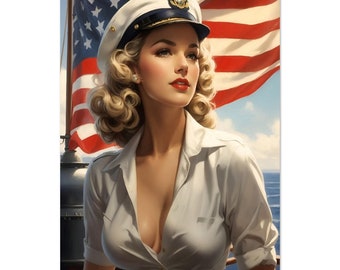 Metal Wall Art Print Americana Vintage Nautical Glamour Patriotic Pin-Up Helping The War Effort High Resolution Metal Wall Print