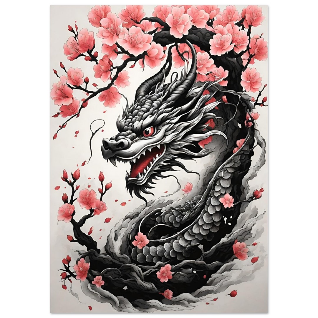 Poster Wall Art Japanese Themed Cherry Blossom Dragon Premium 200 Gsm