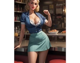 Metal Wall Art Print: Retro Diner Diva 50s Inspired Waitress Serves Up Coffee And Smiles High Resolution Metal Wall Print