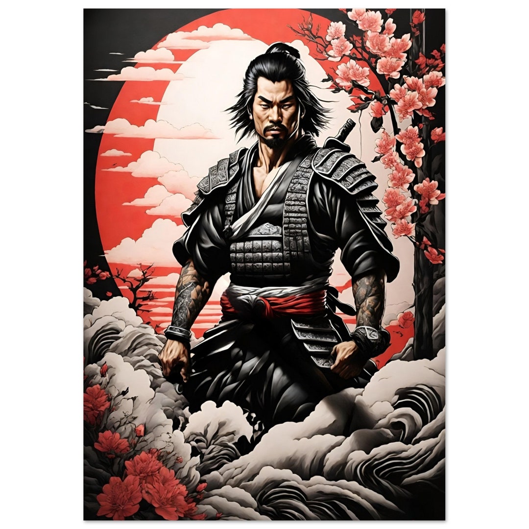 Samurai Rising Sun Poster Wall Art Japanese Samurai Warrior Amidst the Rising Sun Premium ...