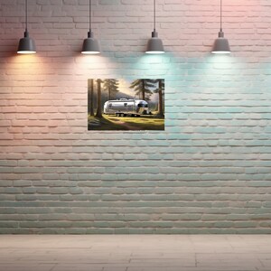 May include: A silver Airstream trailer parked in a forest setting. The trailer is surrounded by tall trees and a grassy area. The sun is shining brightly, casting long shadows.
