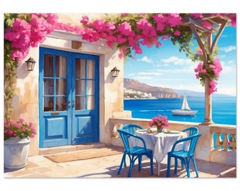 May include: A white building with a blue door and a balcony overlooking the ocean. Pink flowers hang from the ceiling of the balcony. Two blue chairs and a white table are set on the balcony. A sailboat is in the distance.