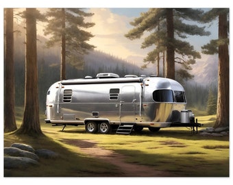 May include: A silver Airstream trailer parked in a forest clearing. The trailer is surrounded by tall pine trees and a grassy area. The sun is shining through the trees, casting long shadows on the ground.