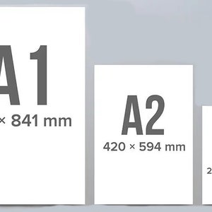 May include: Three white paper sheets with the letter A and a number, A1, A2, and A3, and their corresponding dimensions in millimeters. A1 is the largest sheet, followed by A2, and then A3.