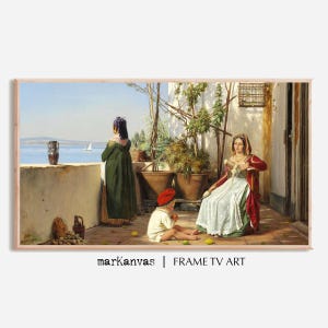 May include: A framed print of a classical painting depicting a sunny outdoor scene. Three figures are present: two women and a child. The women are wearing long dresses, and the child is wearing a red hat. The text "markanvas | FRAME TV ART" is at the bottom.