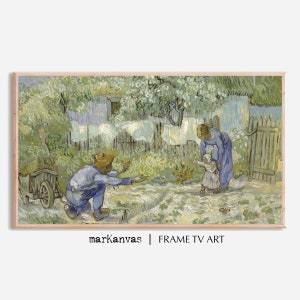 May include: A framed print of a painting depicting a family scene in a garden. A man in blue overalls kneels, reaching out to a child held by a woman in a blue dress. The artwork is in a light wood frame, with the text "markanvas | FRAME TV ART" at the bottom.