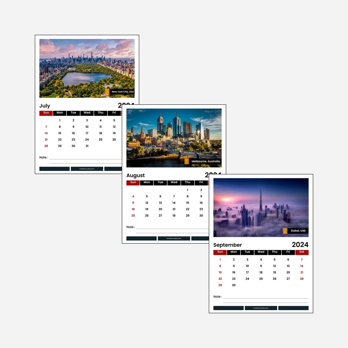 Calendario dei paesaggi urbani STAMPABILE 2024, DOWNLOAD istantaneo, Città del calendario da