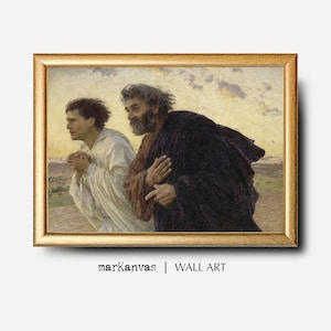 Puede incluir: Una pintura de dos hombres caminando por un paisaje. El hombre en primer plano lleva una túnica oscura, mientras que el hombre que está detrás lleva una túnica blanca. La pintura está ambientada en un fondo de puesta de sol.