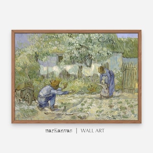 May include: A painting of a family in a garden. A man in a blue shirt and straw hat is kneeling in the foreground, while a woman in a blue dress and a child in a white dress are walking towards him. The garden is filled with green trees and bushes, and there is a white house in the background.