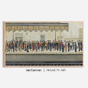 Può includere: Una stampa incorniciata di un dipinto d'epoca raffigurante una folla di persone in attesa su un binario. L'opera presenta una tavolozza di colori tenui, con un focus sulle figure e sui dettagli architettonici della stazione. Il testo "WAY OUT" è visibile.