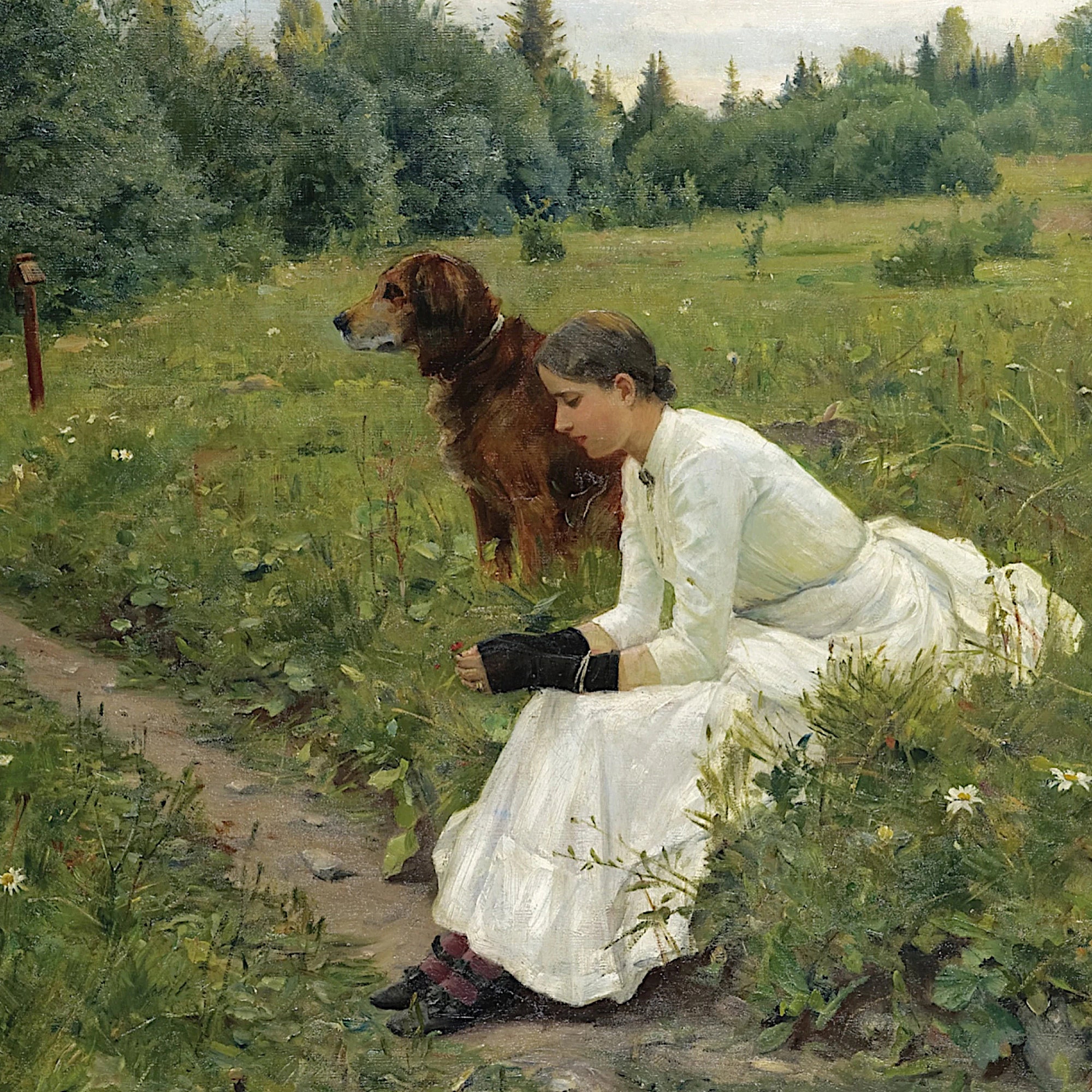 犬と女性のアートプリント 女性と犬のアートプリント：ヴィンテージ北欧風景（デジタル