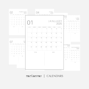 Calendario imprimible 2025, planificador mensual, calendario minimalista simple 2025, tamaño vertical A4 y carta, descarga instantánea, PDF para imprimir en casa.