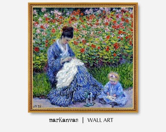 モネ「カミーユと子供」版画：印象派の庭園風景（デジタルダウンロード