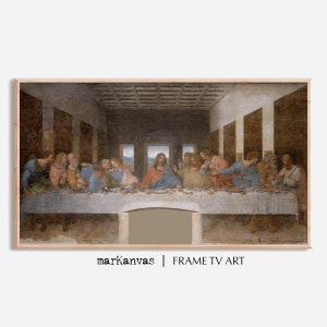 May include: A painting of The Last Supper by Leonardo da Vinci. The painting depicts Jesus Christ and his twelve disciples gathered around a table for a meal. The painting is set in a room with a vaulted ceiling and windows that look out onto a landscape.