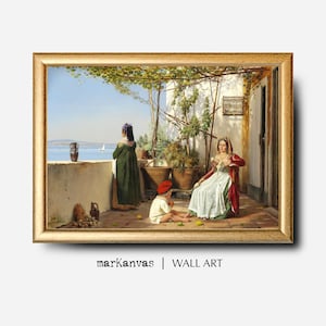 May include: A framed wall art print of a classical painting depicting a sunny outdoor scene. Three figures are present: two women and a child. The scene includes a terrace, potted plants, and a view of the sea. The text "markanvas | WALL ART" is at the bottom.
