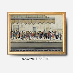 May include: A framed painting depicts a crowd of people waiting at a train station platform. The artwork features a gold frame, a beige canopy, and a sign that reads "WAY OUT". The painting has a vintage aesthetic.