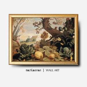 May include: A vintage oil painting depicting a lush autumnal landscape with a small cottage in the distance. The foreground features a variety of plants, including cabbages, pumpkins, and other foliage. The painting is framed in a gold frame.