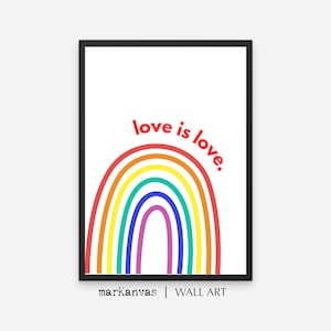 Kärlek är kärlek minimalistisk regnbågsaffisch, HBTQ-konsttryck, direktnedladdning, subtil pride-dekor, HBTQ-presenter, färgglad heminredning, queer konst