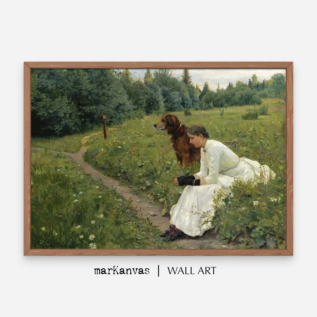 女性と犬のアートプリント：ヴィンテージ北欧風景（デジタル