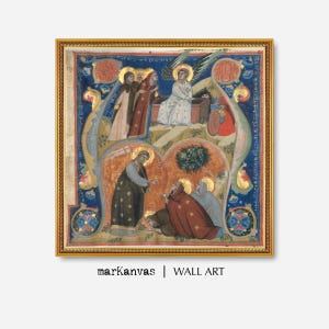 May include: A vintage painting depicting a religious scene with multiple figures. The painting is framed in gold and features a blue background with gold accents. The figures are dressed in colourful robes and are depicted in a variety of poses. The painting is a beautiful example of medieval art.
